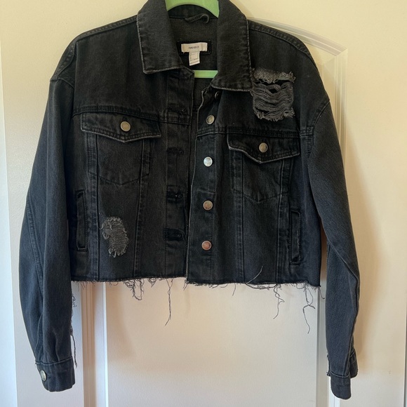 Forever 21 Black Distressed Denim Jacket - Picture 1 of 4